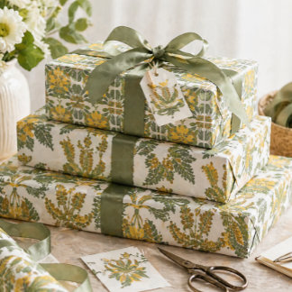 Coordinated Floral Vintage Botanical Yellow Green  Wrapping Paper Sheets
