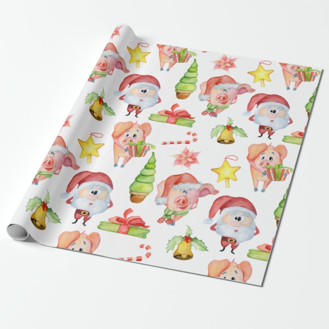 Coordinating Christmas Pig Pattern Wrapping Paper (Unrolled)