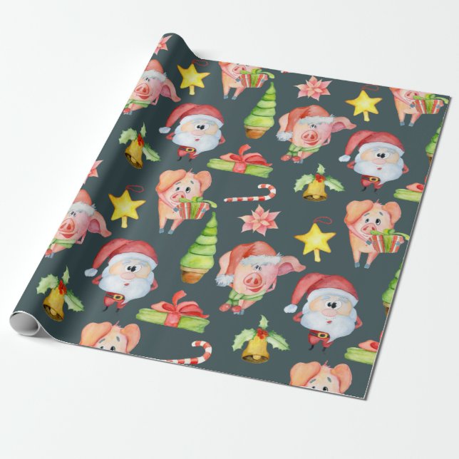 Coordinating Christmas Pig Pattern Wrapping Paper (Unrolled)