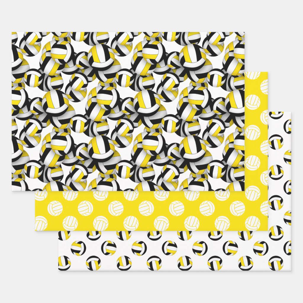 coordinating set black gold volleyballs patterns wrapping paper sheets