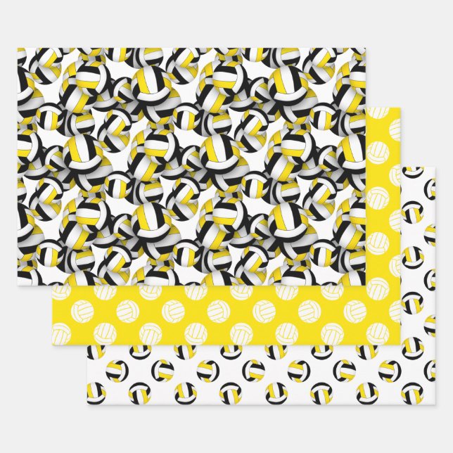 coordinating set black gold volleyballs patterns wrapping paper sheets (Set)