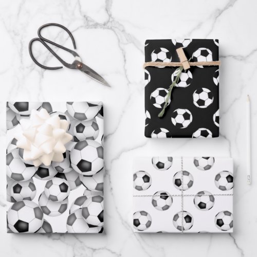 coordinating set black gray soccer balls patterns wrapping paper sheets