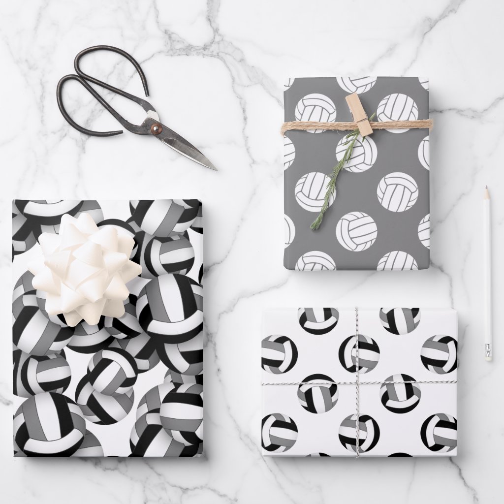 coordinating set black gray volleyballs patterns wrapping paper sheets
