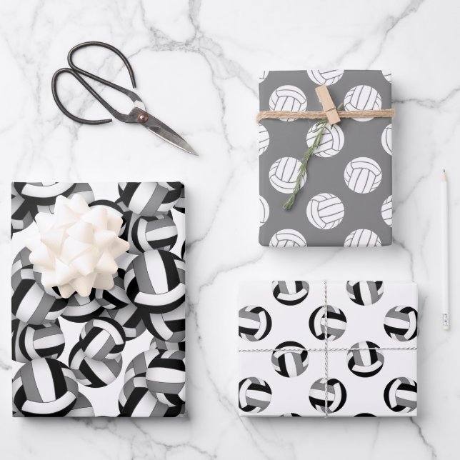 coordinating set black gray volleyballs patterns wrapping paper sheets (Front)