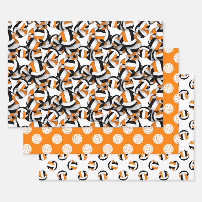 coordinating set black orange volleyballs patterns wrapping paper sheets (Set)