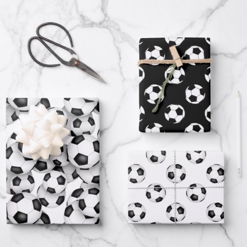 coordinating set black white soccer balls patterns wrapping paper sheets