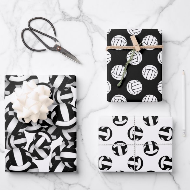 coordinating set black white volleyballs patterns wrapping paper sheets (Front)