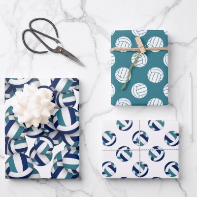 coordinating set blue teal volleyballs patterns wrapping paper sheets