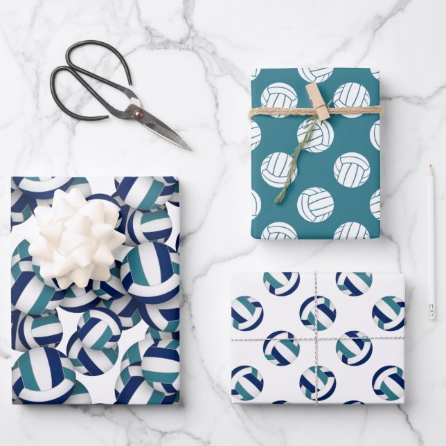 coordinating set blue teal volleyballs patterns wrapping paper sheets (Front)