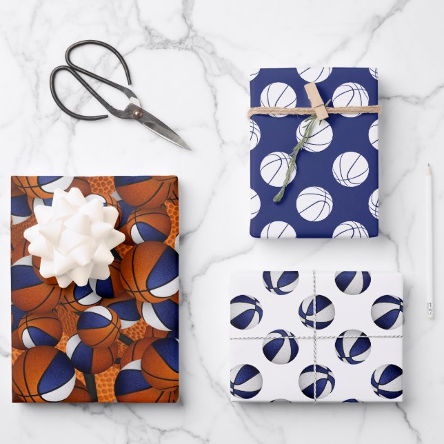 coordinating set blue white basketball patterns wrapping paper sheets (Front)