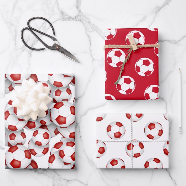 coordinating sports patterned set red soccer balls wrapping paper sheets (Front)