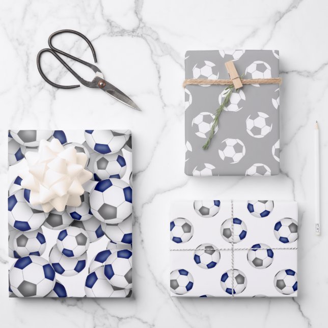 coordinating sports set blue gray soccer balls wrapping paper sheets (Front)