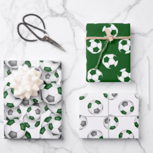 coordinating sports set green gray soccer balls wrapping paper sheets