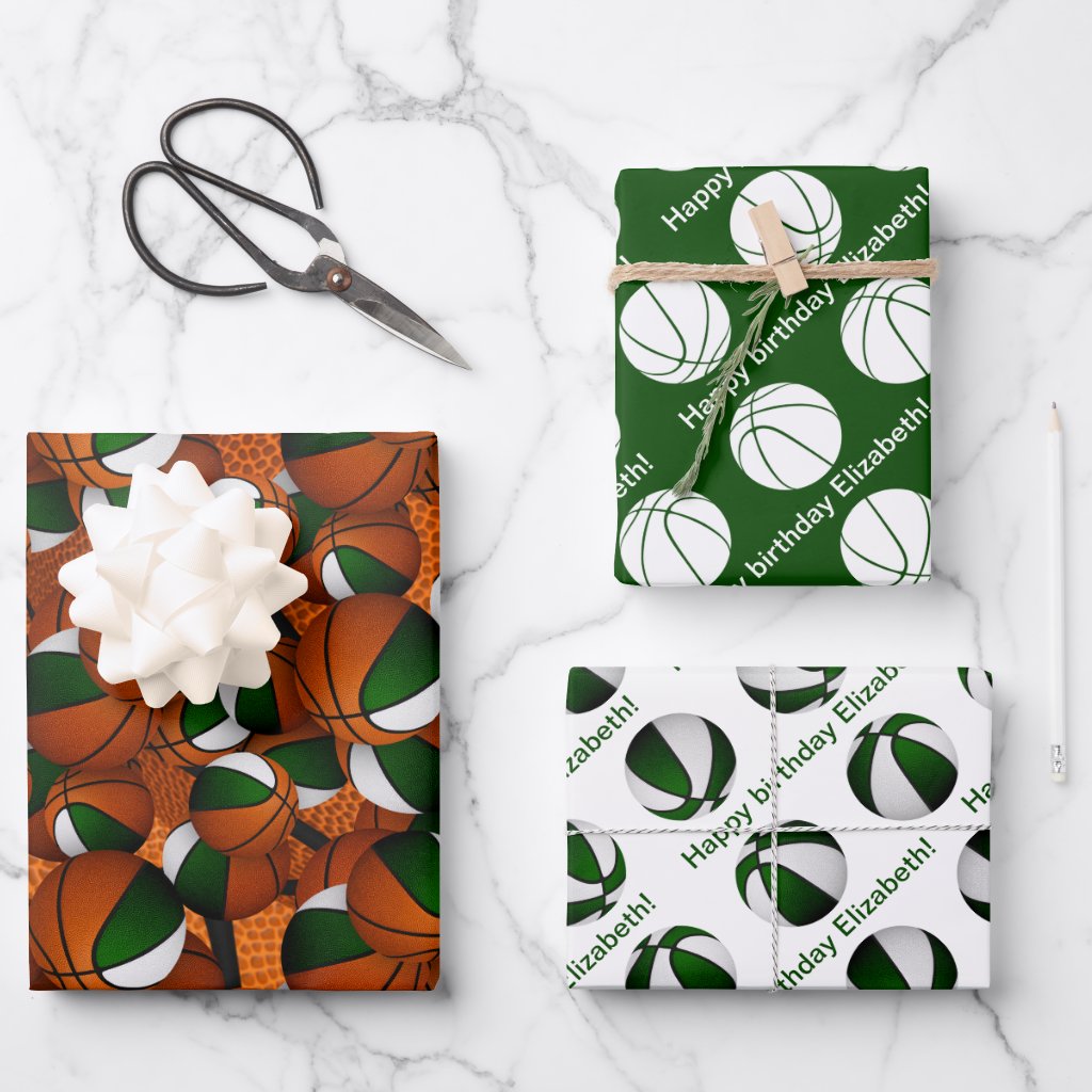 Coordinating sports set green white basketball wrapping paper sheets