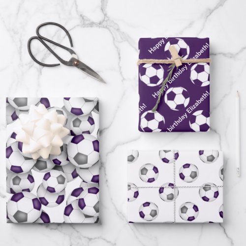 coordinating sports set purple gray soccer balls wrapping paper sheets