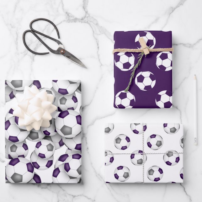 coordinating sports set purple gray soccer balls wrapping paper sheets (Front)