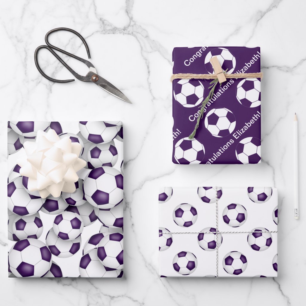 coordinating sports set of purple white soccer balls patterns wrapping paper sheets