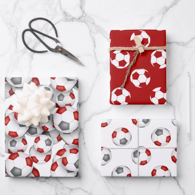 coordinating sports set red gray soccer balls wrapping paper sheets (Front)