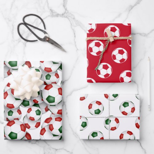 coordinating sports set red green soccer balls wrapping paper sheets