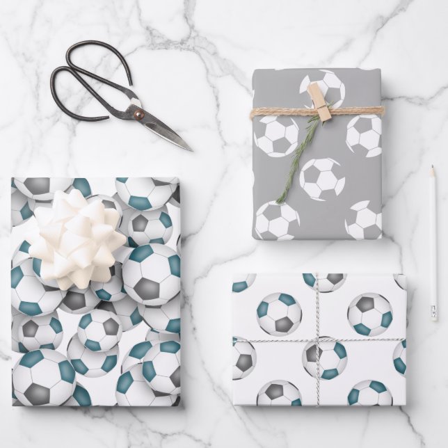 coordinating sports set teal gray soccer balls wrapping paper sheets (Front)