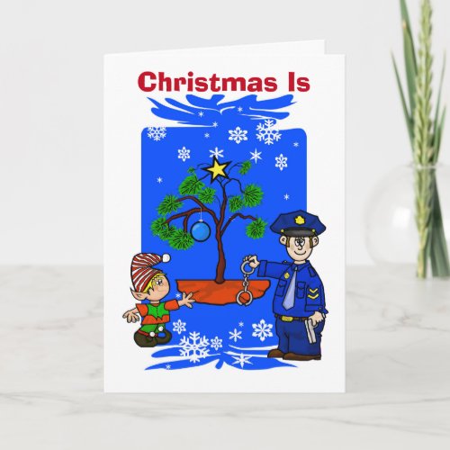 Cop Elf Decorating Tree with Handcuffs Card