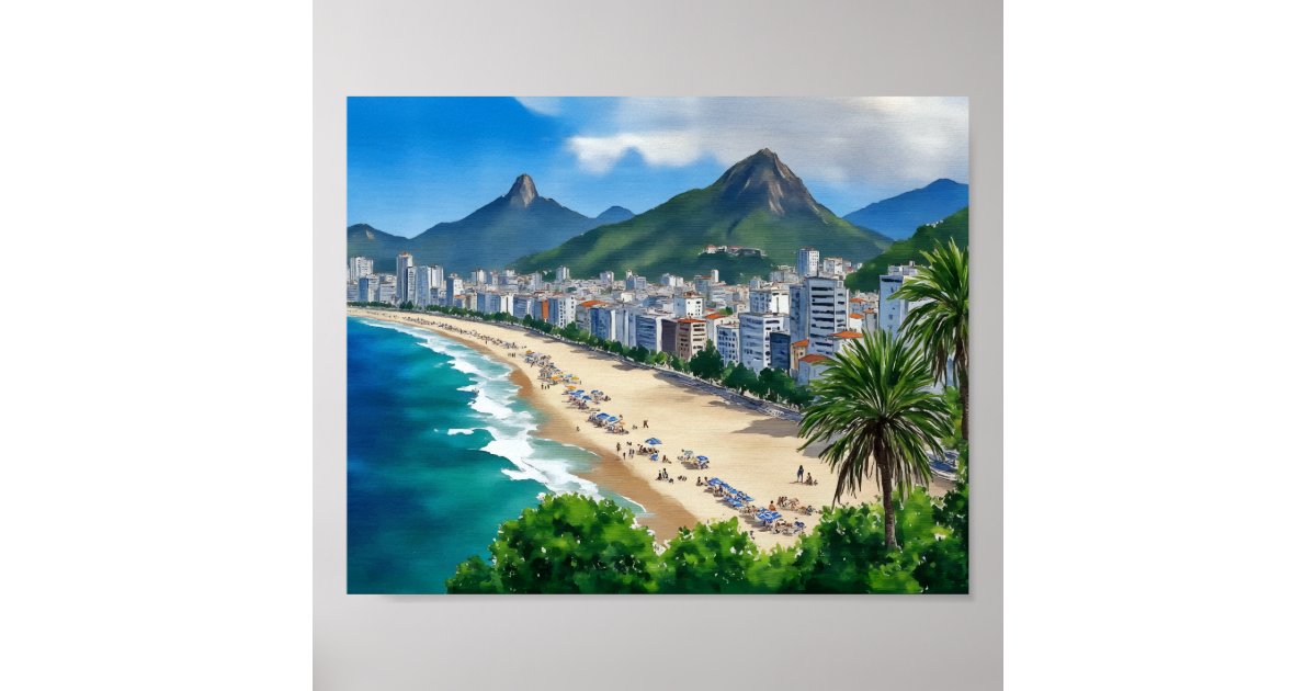 Copacabana Beach Rio Brazi Watercolor Poster | Zazzle