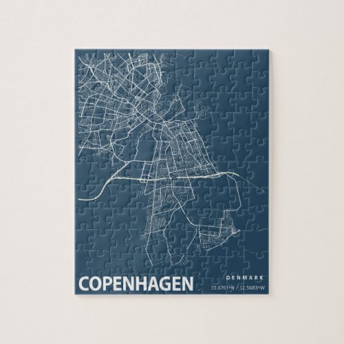 Copenhagen City Map Line Art Blue Print Jigsaw Puzzle