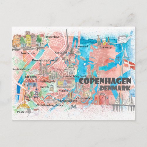 Copenhagen Denmark Clean Iconic City Map Postcard