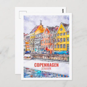 Copenhagen Denmark Famous Travel Watercolor Sketch Postcard