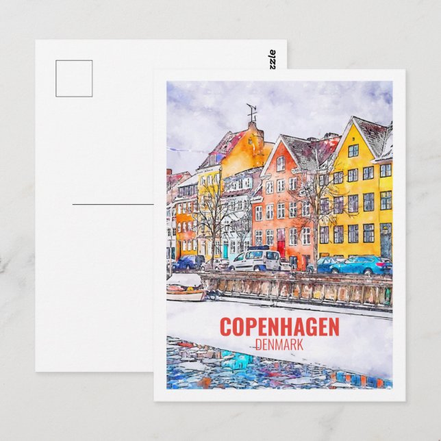 Copenhagen Denmark Famous Travel Watercolor Sketch Postcard (Front/Back)