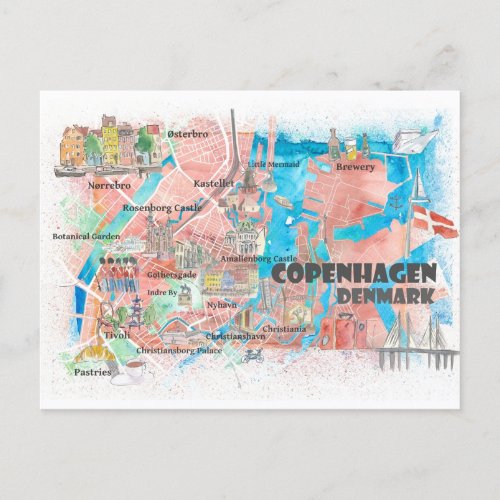 Copenhagen Denmark Illustrated Map with Main Roads Postcard