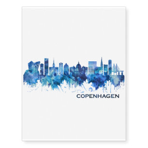 Copenhagen Denmark Skyline Blue Temporary Tattoos