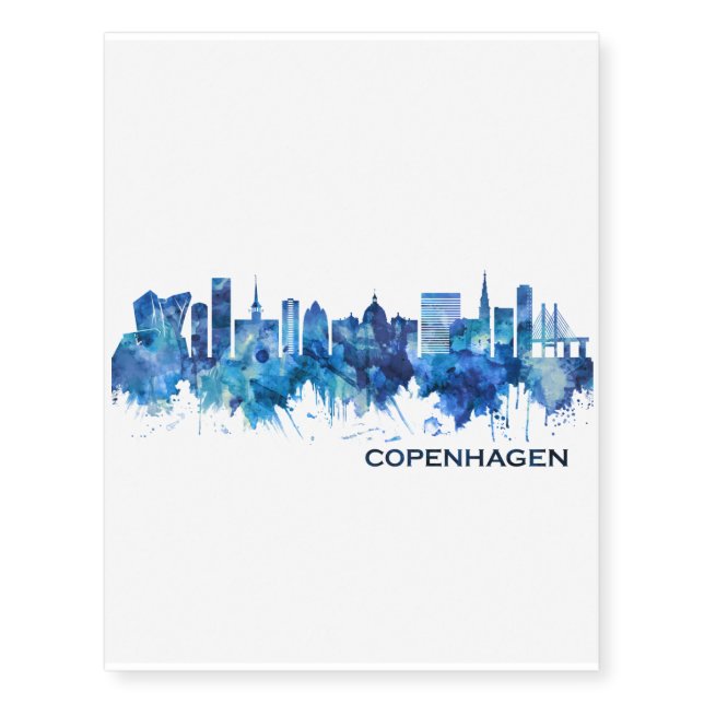 Copenhagen Denmark Skyline Blue Temporary Tattoos (Front)