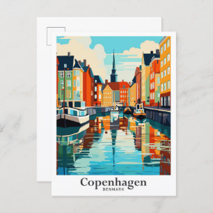 Copenhagen Denmark Travel Art Vintage Illustration Postcard