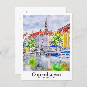 Copenhagen Denmark Travel Watercolor Hand Drawn Postcard