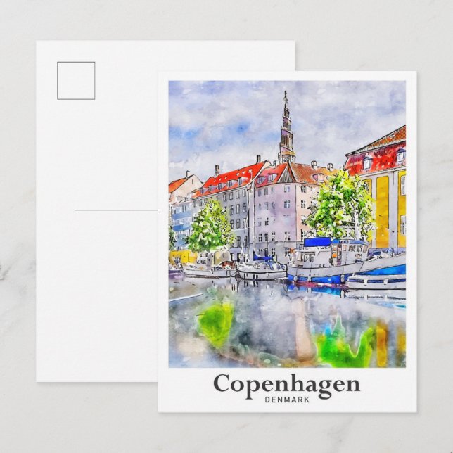 Copenhagen Denmark Travel Watercolor Hand Drawn Postcard (Front/Back)