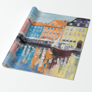 Copenhagen in a shining day, colorful buildings an wrapping paper