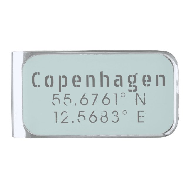 Copenhagen Latitude Longitude Silver Finish Money Clip (Front)