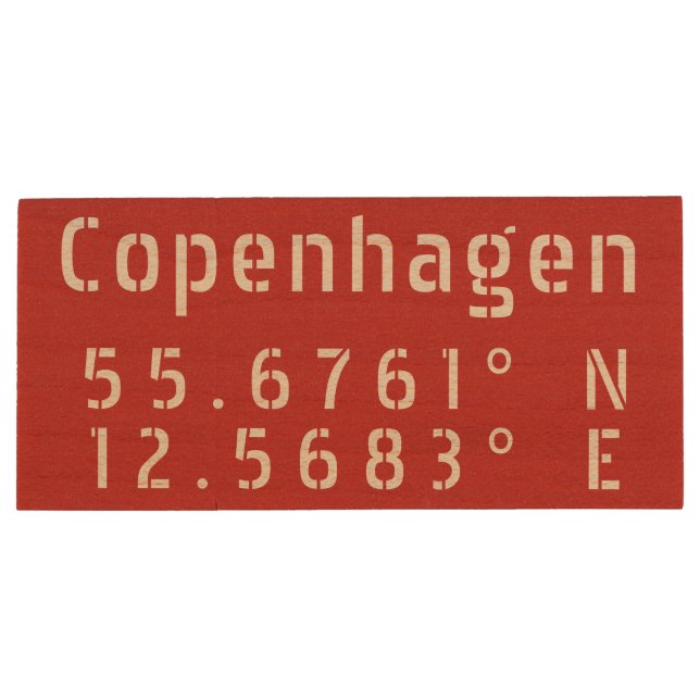 Copenhagen Latitude Longitude Wood Flash Drive (Back)