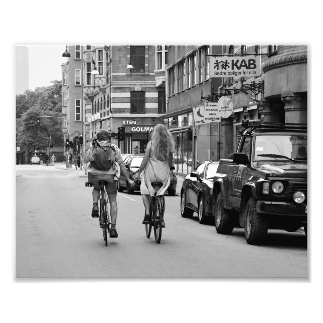Copenhagen Lovers on Bicycles, Black and White. Photo Print (Front)