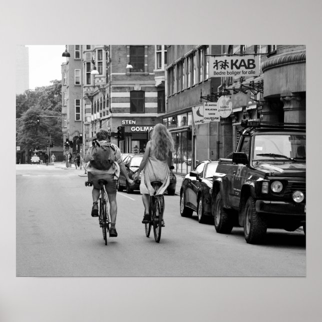 Copenhagen Lovers on Bicycles, Black and White. Poster (Front)