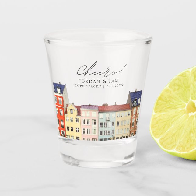 Copenhagen Photo Wedding Favor Cheers Shot Glass (Front)