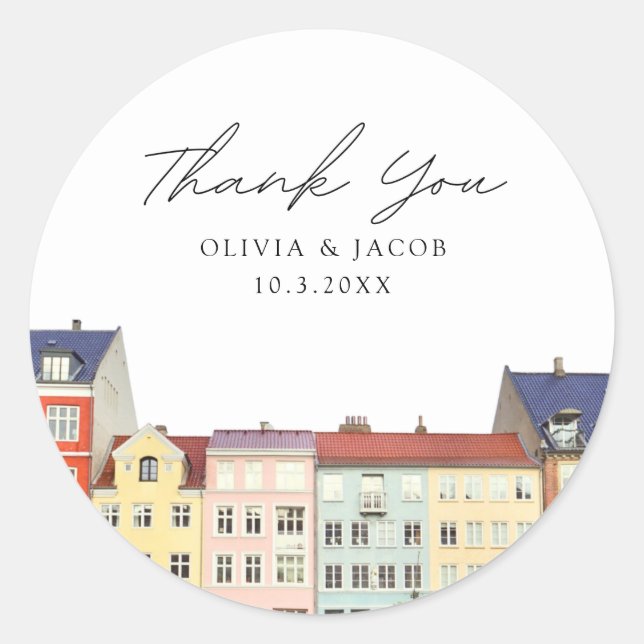 Copenhagen Wedding Favor Scenic Photo Thank You Classic Round Sticker (Front)