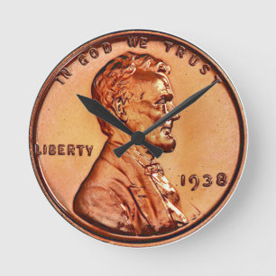 Copper 1938 Abraham Lincoln penny, one cent Round Clock