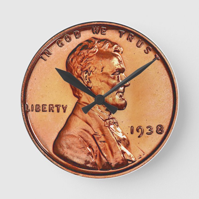Copper 1938 Abraham Lincoln penny, one cent  Round Clock (Front)
