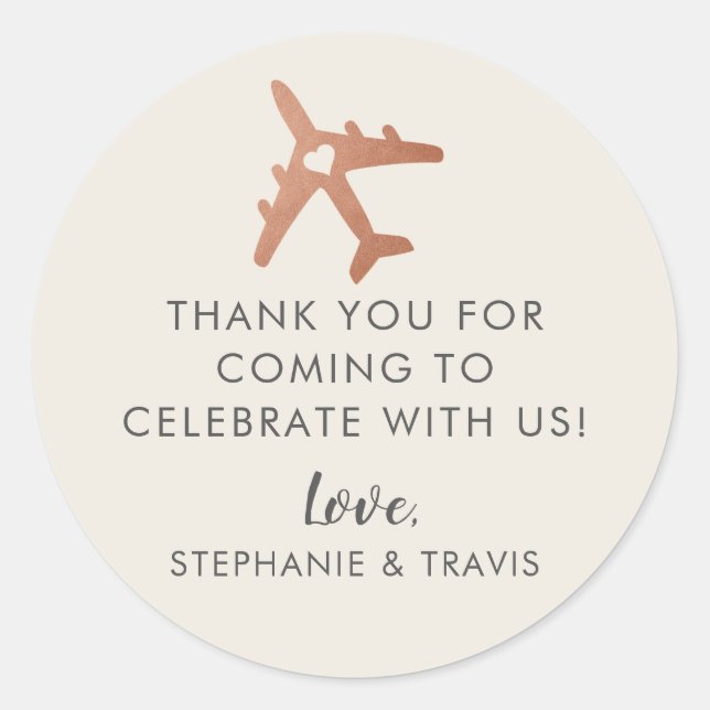 Copper Airplane Travel Themed Thank You Classic Round Sticker (Front)