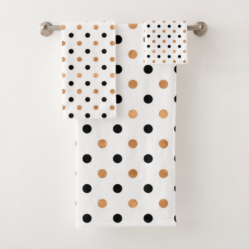 Copper and black dots pattern on white bath towel set