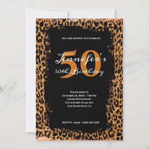 Copper and Black Glam Leopard Safari 50th Birthday Invitation