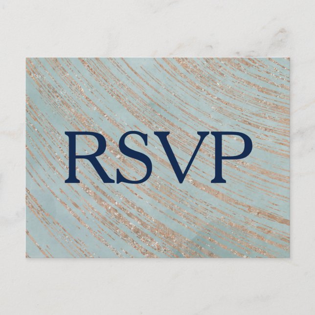 Copper and Blue Marble Wedding RSVP Invitation Postcard (Front)