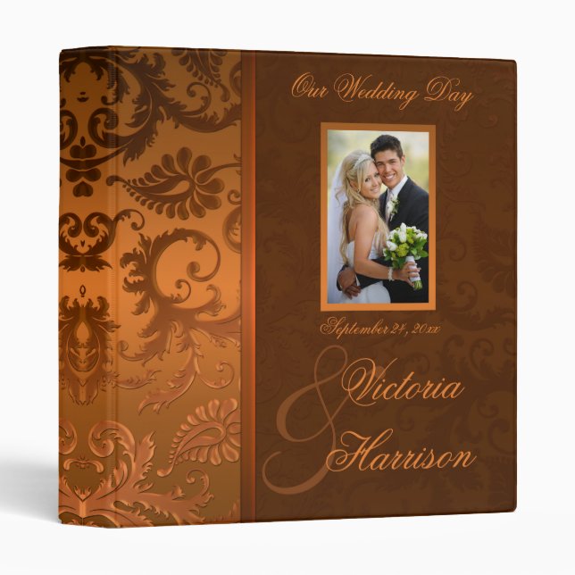 Copper and Brown Damask Wedding Binder/Album Binder (Front/Spine)
